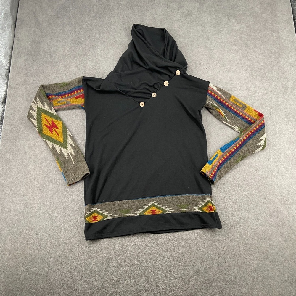 Mon Ami‎ Sweater Sz M Black Aztec Print Cowl Neck Tribal Western Warm Wear